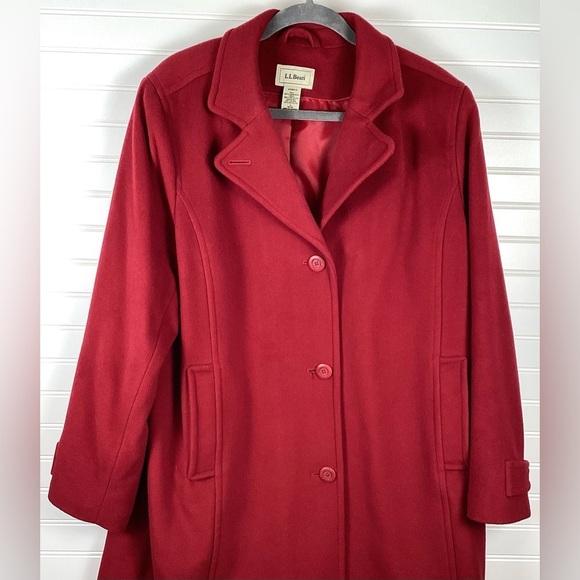 LL Bean womens red lambs wool DRESS Coat 1X Thinsulate lining-kick pleat - Picture 2 of 12